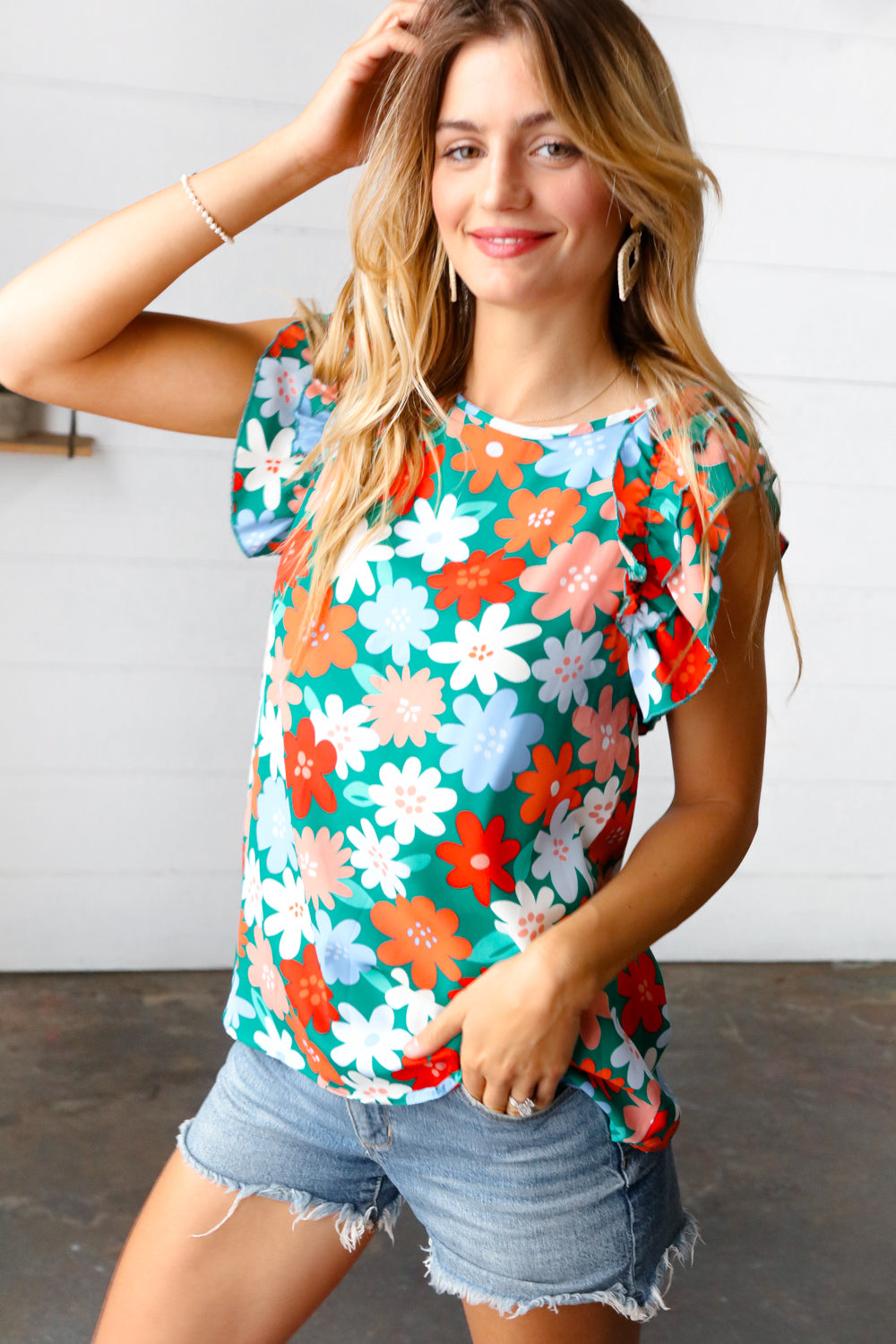 Jade Green Flower Power Double Ruffle Sleeve Top