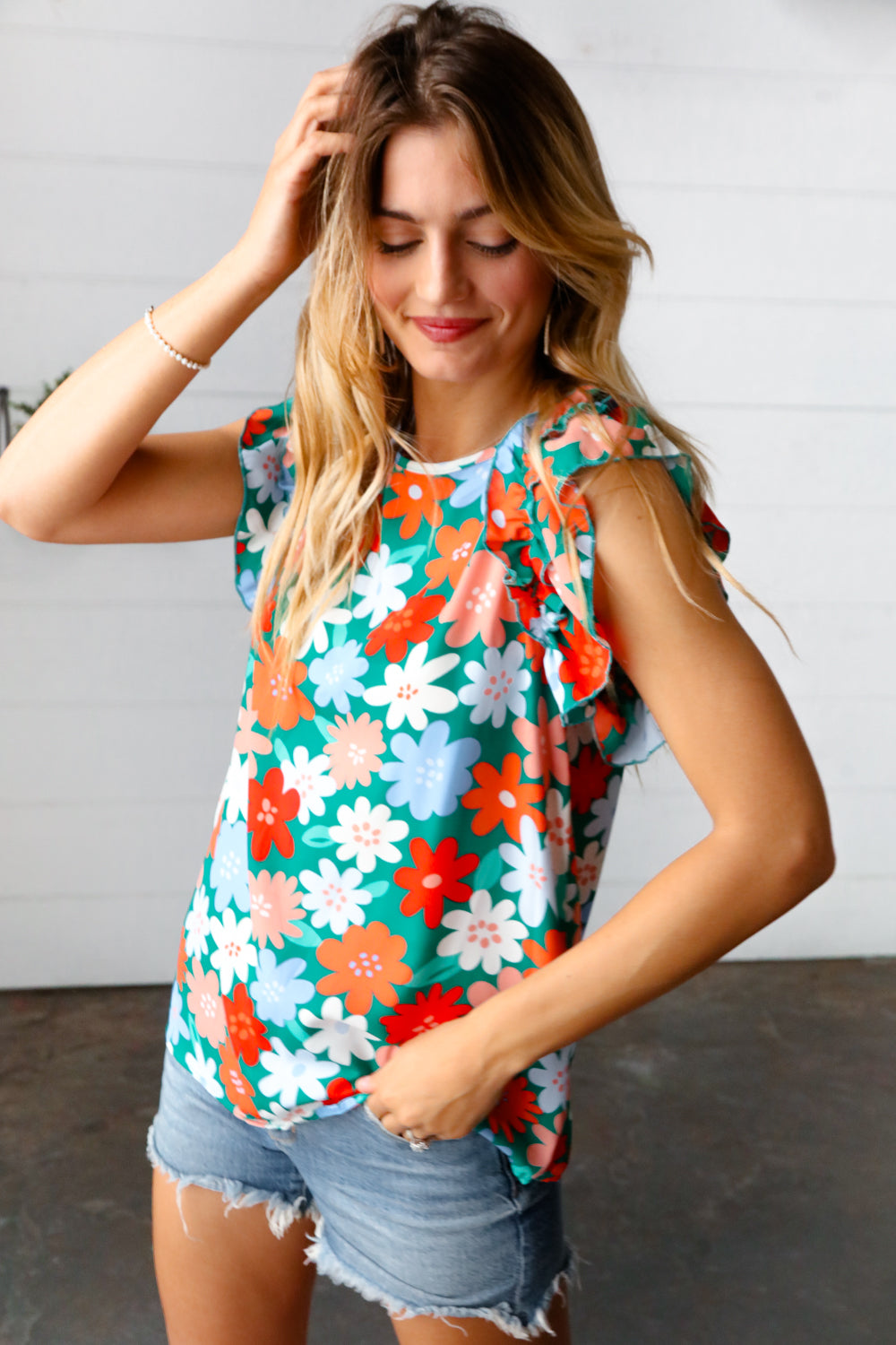 Jade Green Flower Power Double Ruffle Sleeve Top
