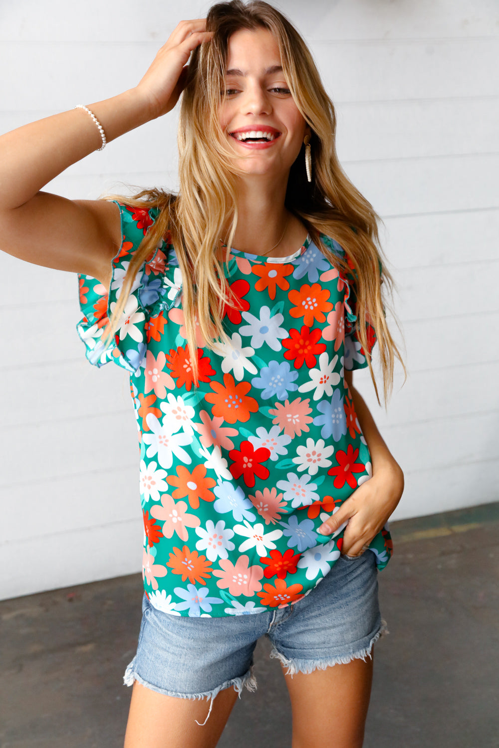 Jade Green Flower Power Double Ruffle Sleeve Top