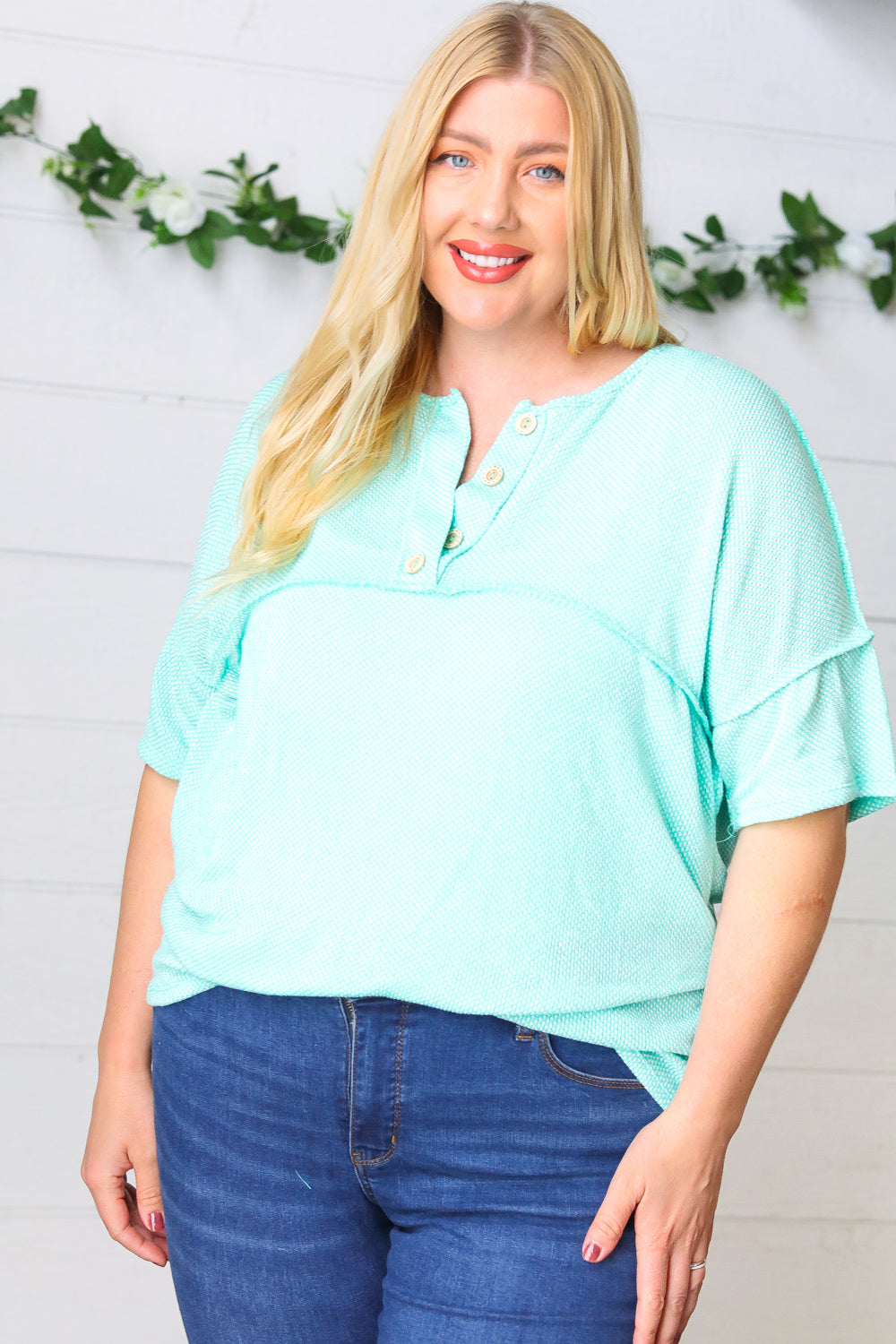 Turquoise Two Tone Knit Button Down Outseam Top