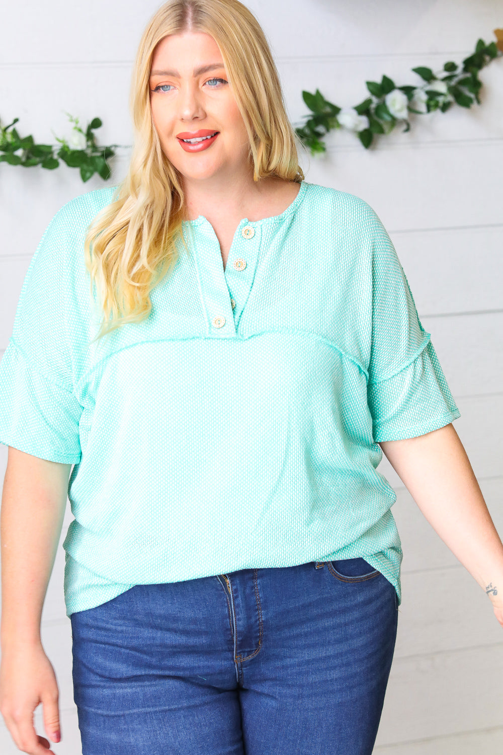 Turquoise Two Tone Knit Button Down Outseam Top