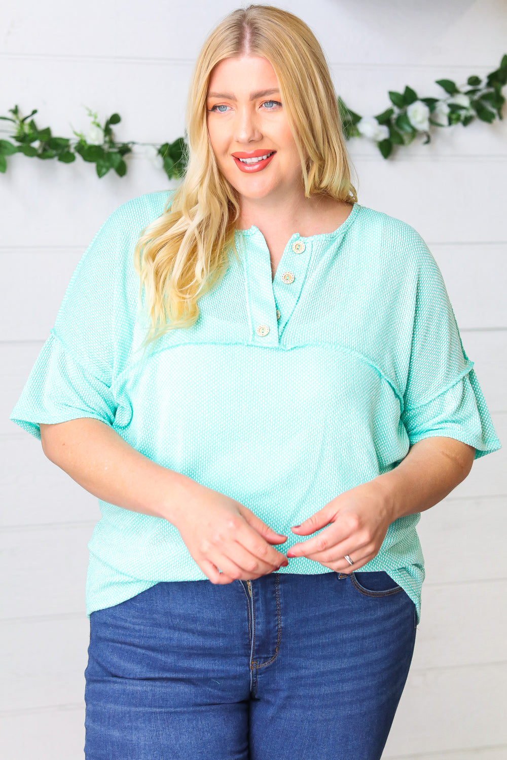 Turquoise Two Tone Knit Button Down Outseam Top