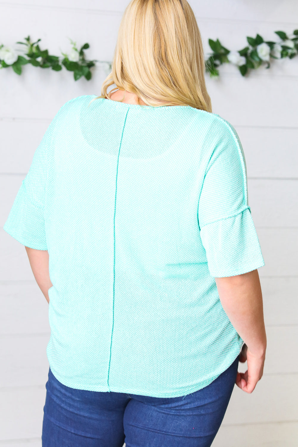 Turquoise Two Tone Knit Button Down Outseam Top