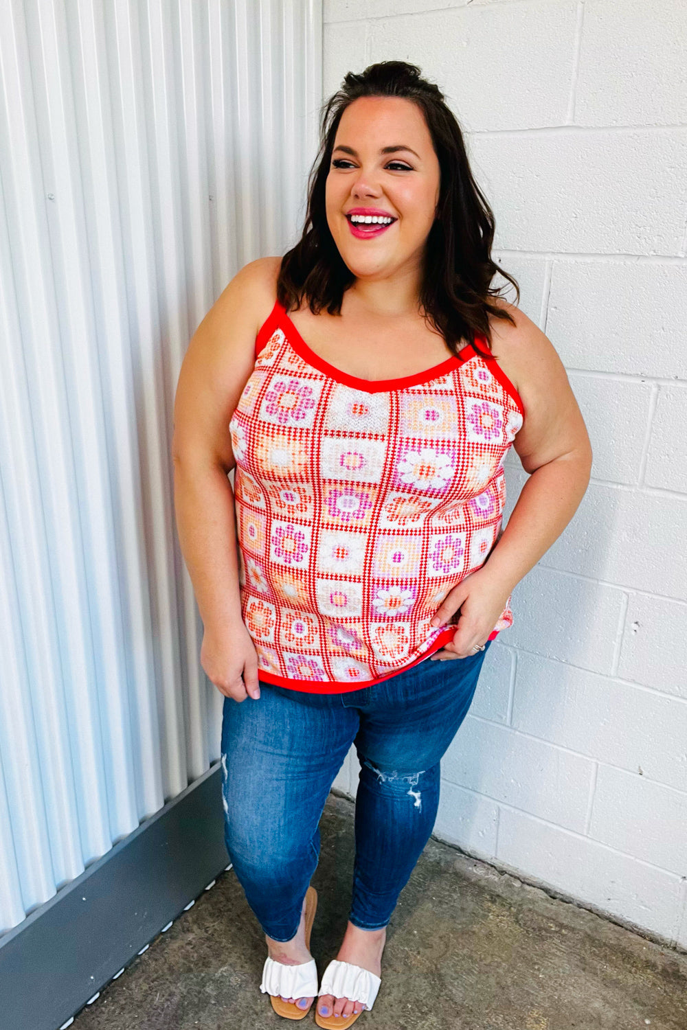 Coral Flower Power Waffle Knit Sleeveless Top