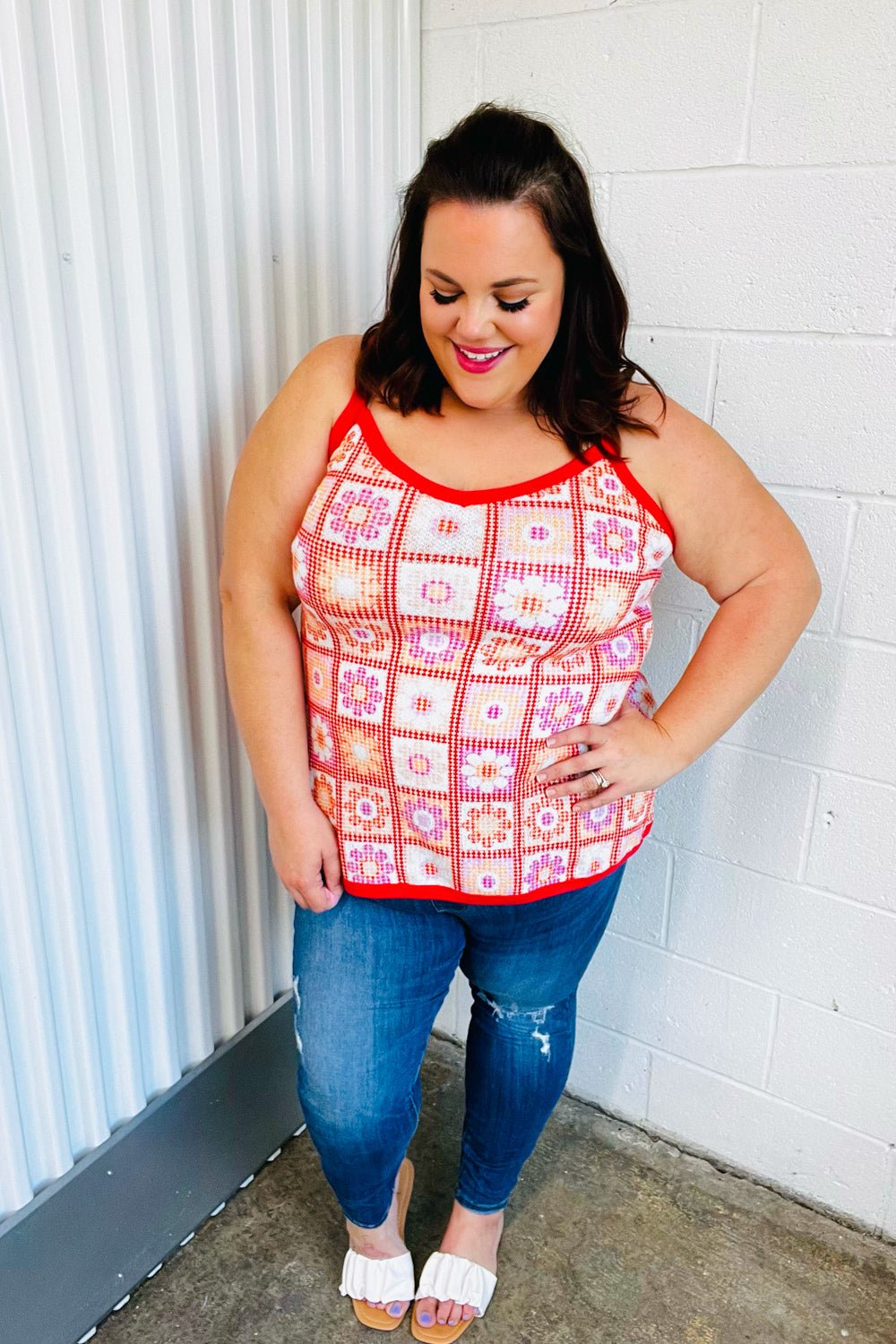 Coral Flower Power Waffle Knit Sleeveless Top