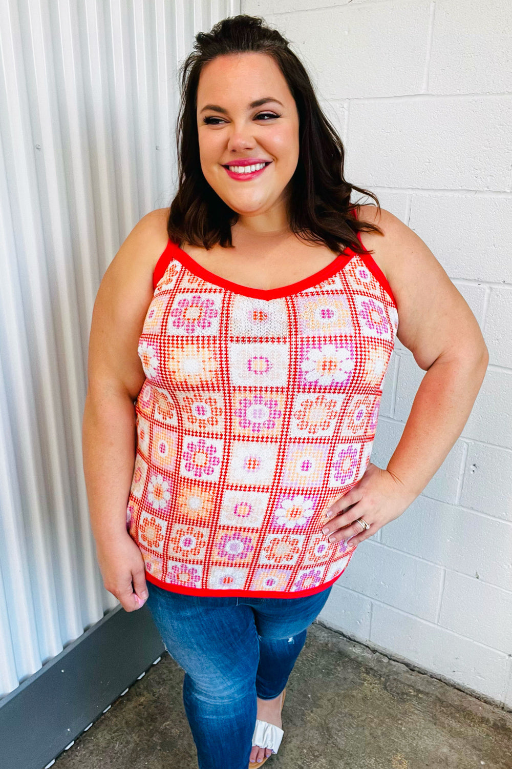 Coral Flower Power Waffle Knit Sleeveless Top