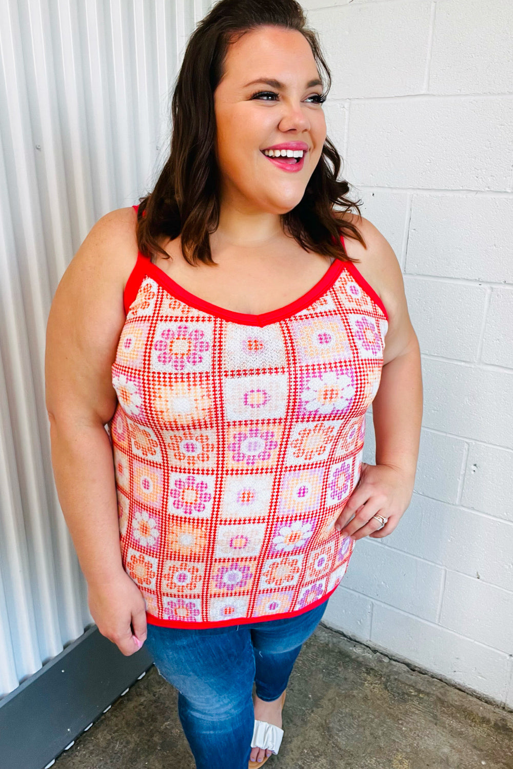 Coral Flower Power Waffle Knit Sleeveless Top