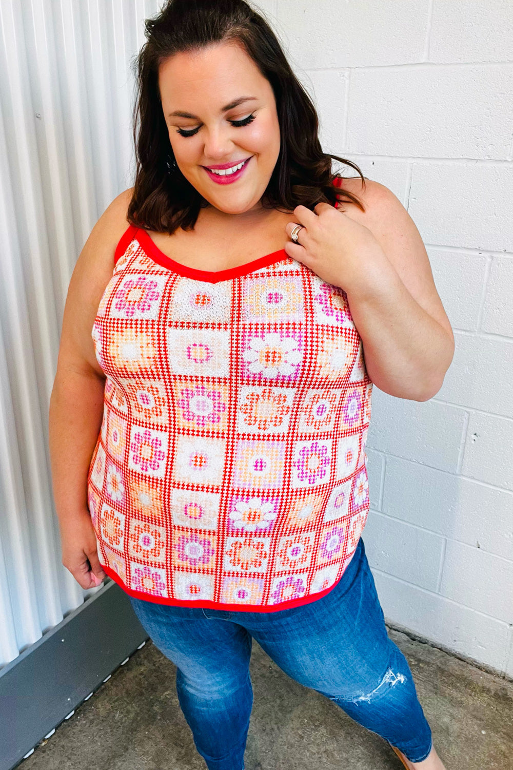 Coral Flower Power Waffle Knit Sleeveless Top