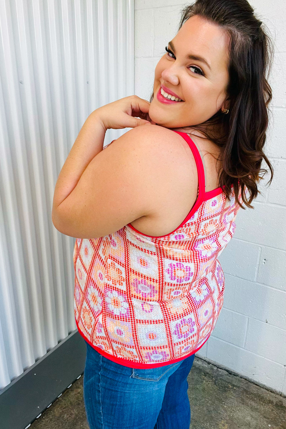 Coral Flower Power Waffle Knit Sleeveless Top