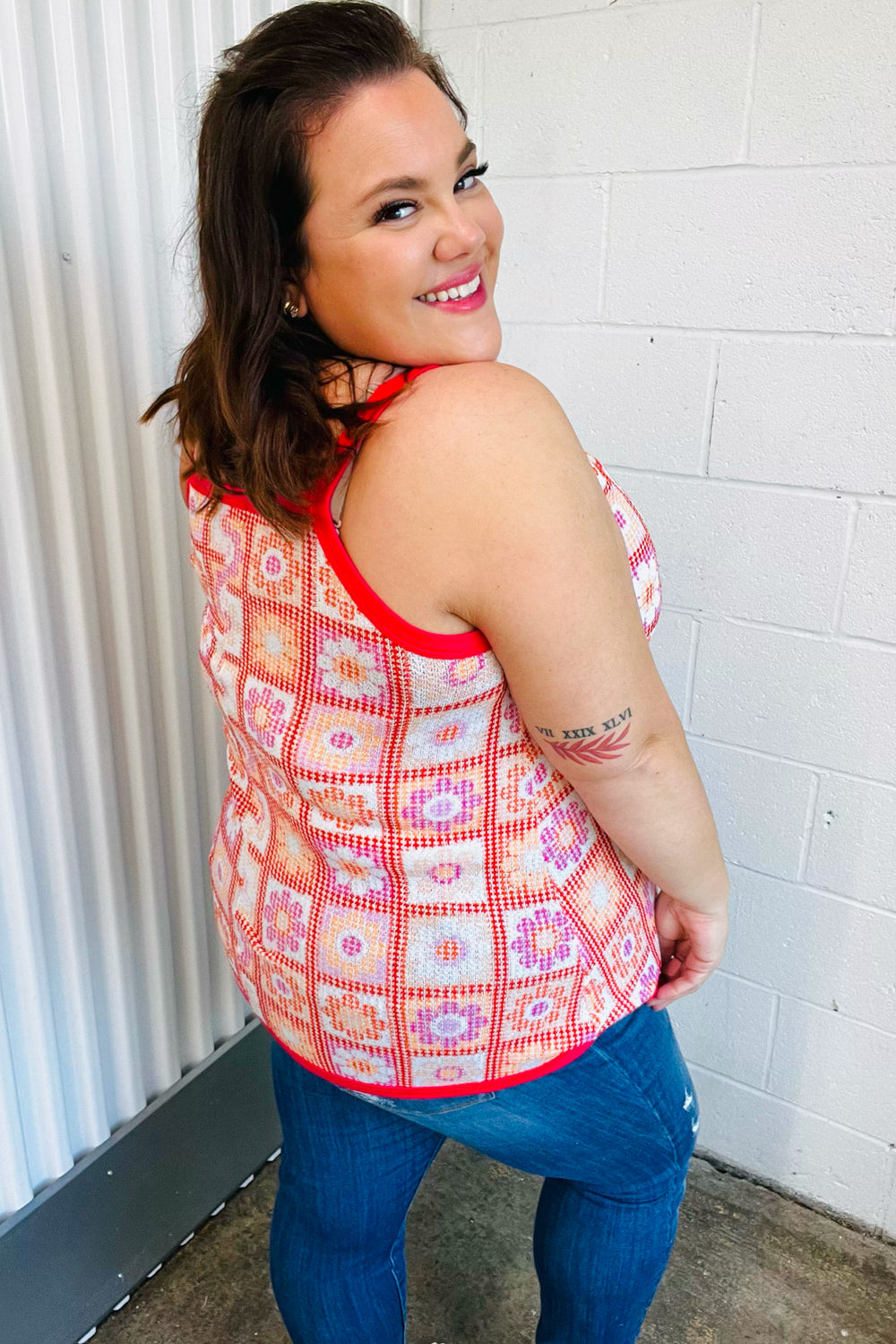 Coral Flower Power Waffle Knit Sleeveless Top