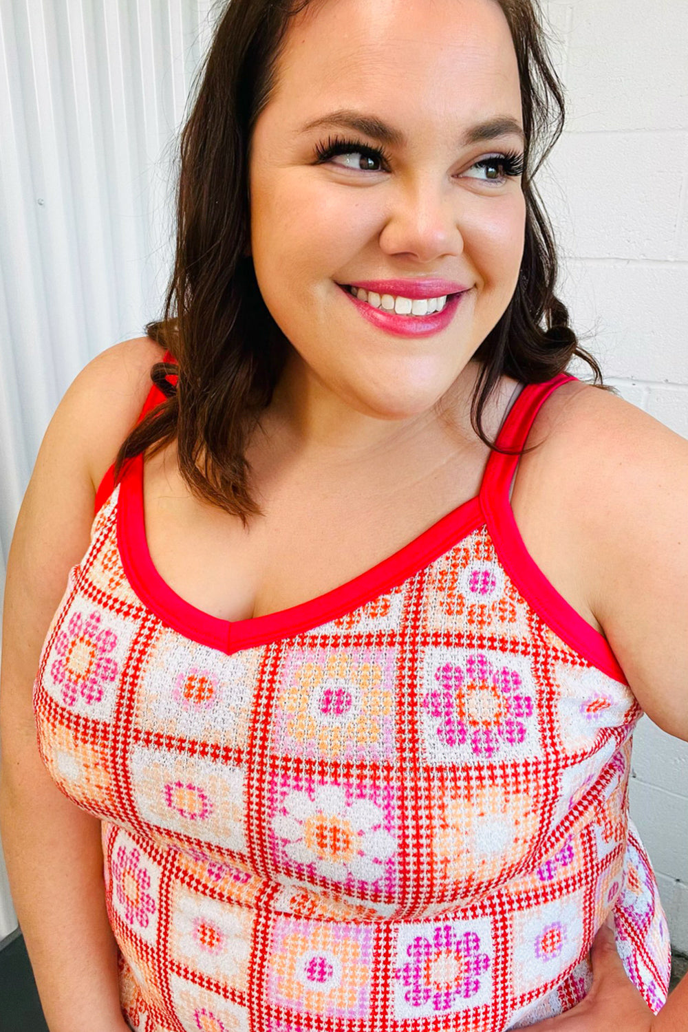 Coral Flower Power Waffle Knit Sleeveless Top