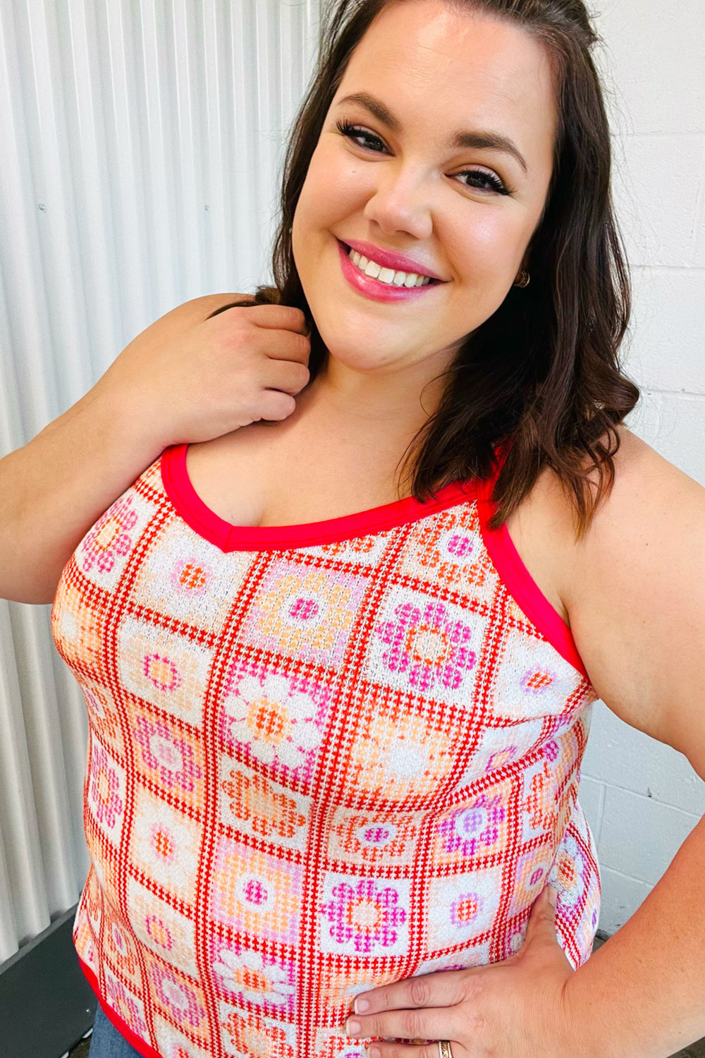 Coral Flower Power Waffle Knit Sleeveless Top