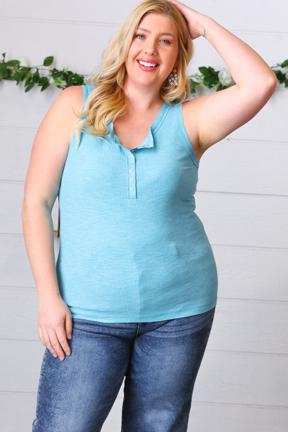 Ice Blue Cotton Rib Henley Button Down Tank Top
