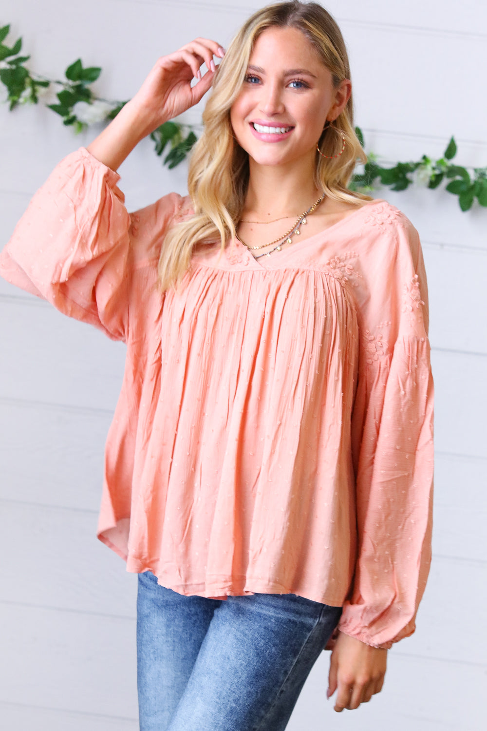 Peach Floral Swiss Dot Bubble Sleeve Top