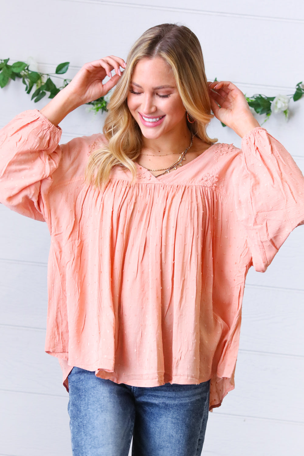 Peach Floral Swiss Dot Bubble Sleeve Top