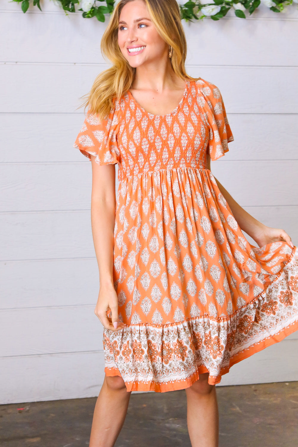 Apricot Paisley Fit and Flare Smocked Midi Dress