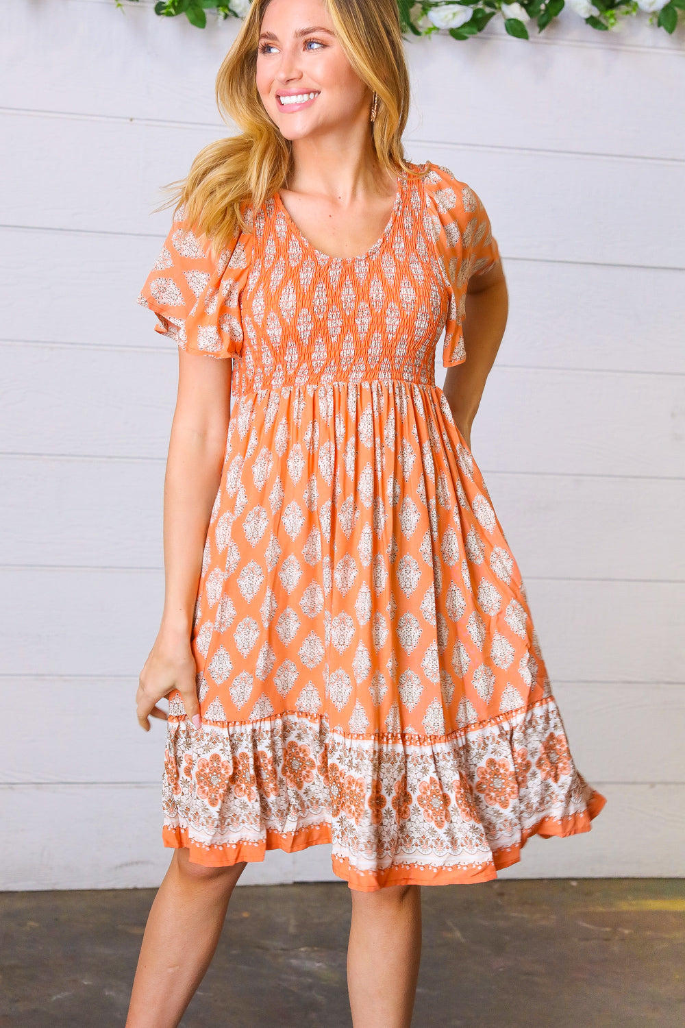 Apricot Paisley Fit and Flare Smocked Midi Dress