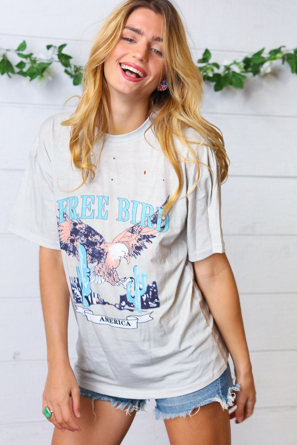 LT Grey Cotton Distressed Free Bird Graphic Tee