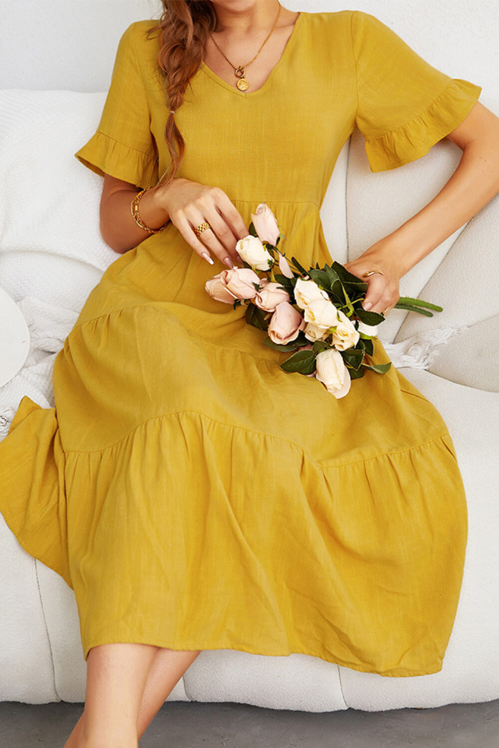 Short Sleeve V-Neck Tiered Dress
