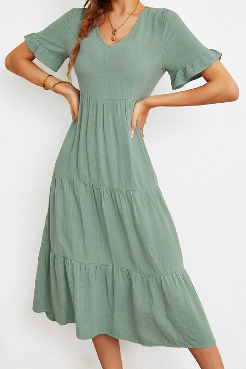 Short Sleeve V-Neck Tiered Dress