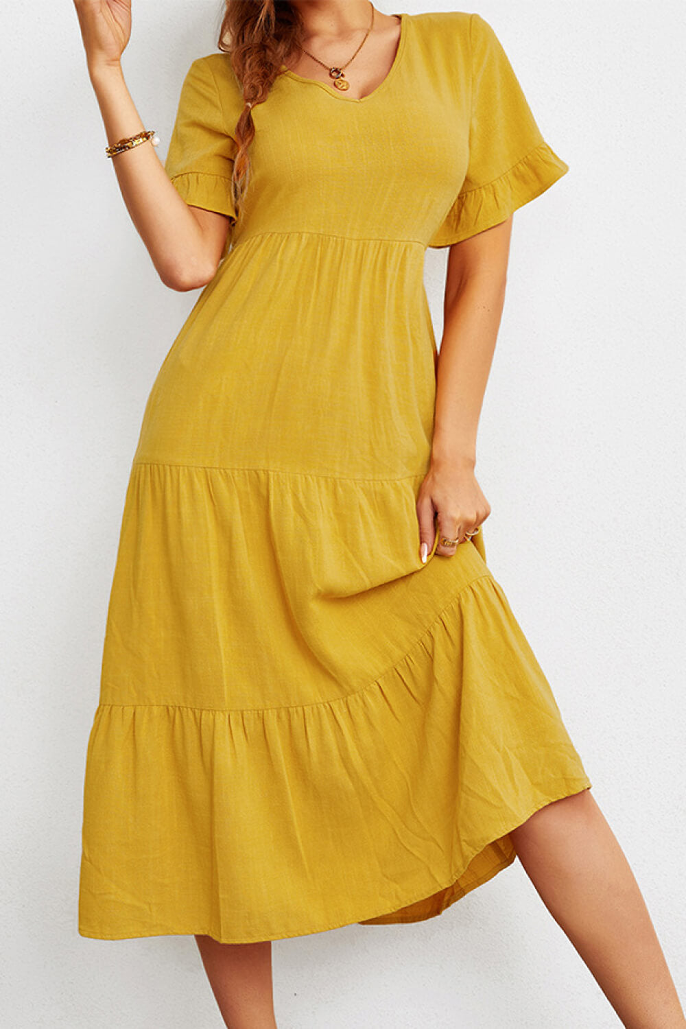 Short Sleeve V-Neck Tiered Dress