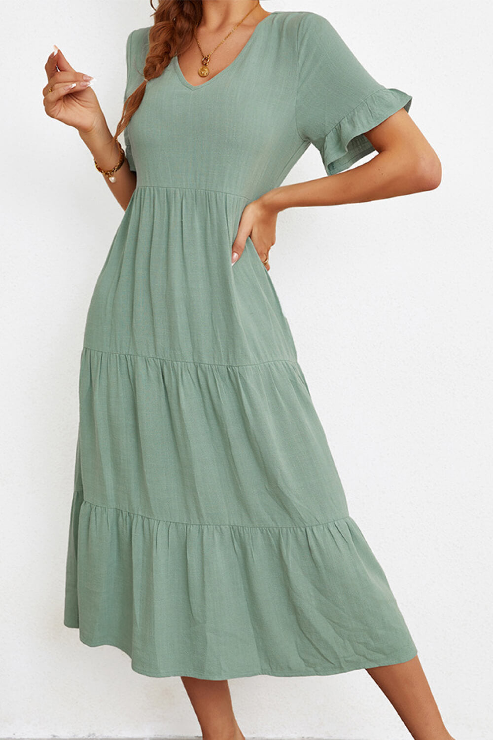 Short Sleeve V-Neck Tiered Dress