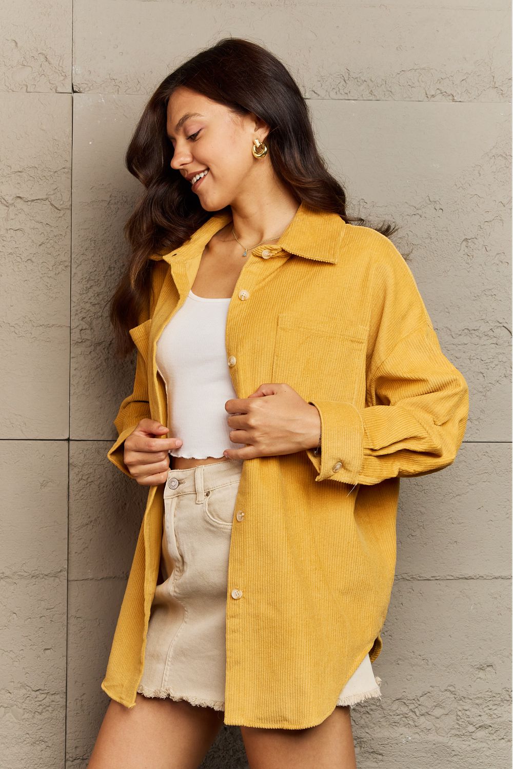 Full Size Collared Neck Dropped Shoulder Button-Down Jacket