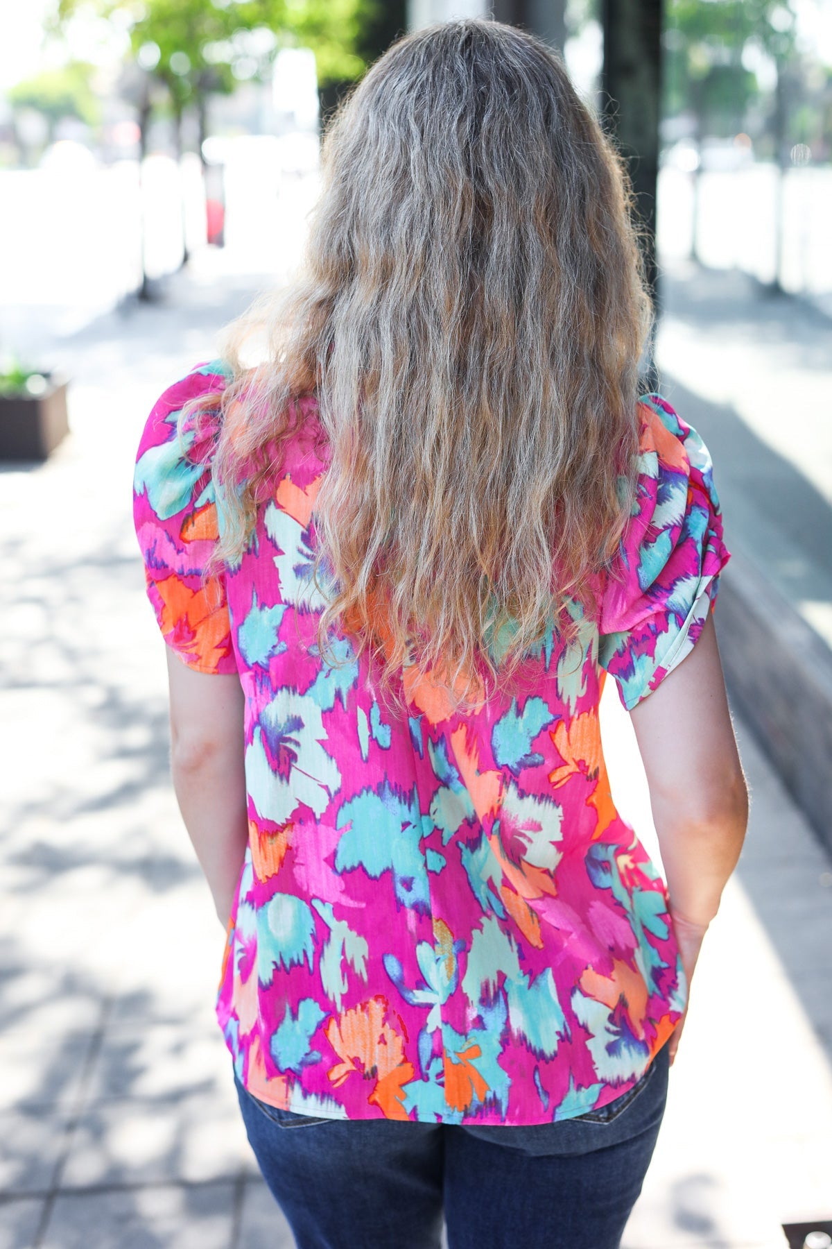 Summer Vibes Fuchsia Abstract Print Frill Notch Neck Puff Sleeve Top