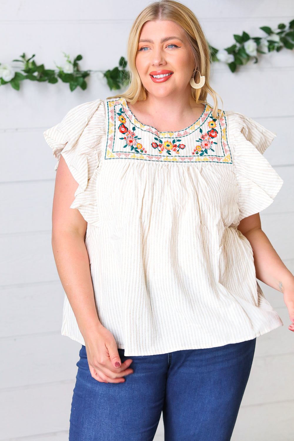 Cream Stripe Floral Embroidered Yoke Top