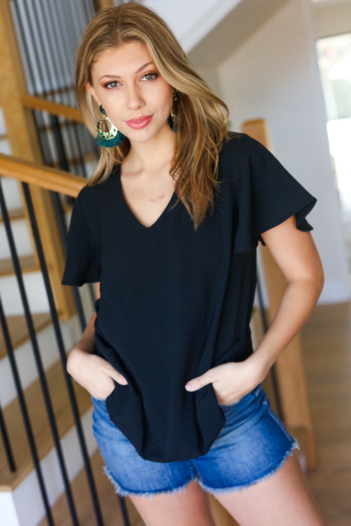 Black Flutter Sleeve V Neck Top