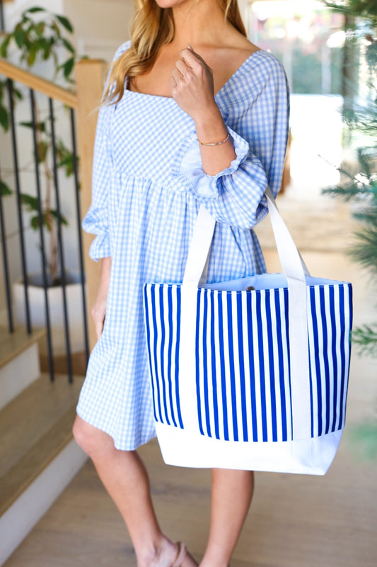 Royal Blue Stripe Structured Large Canvas Tote