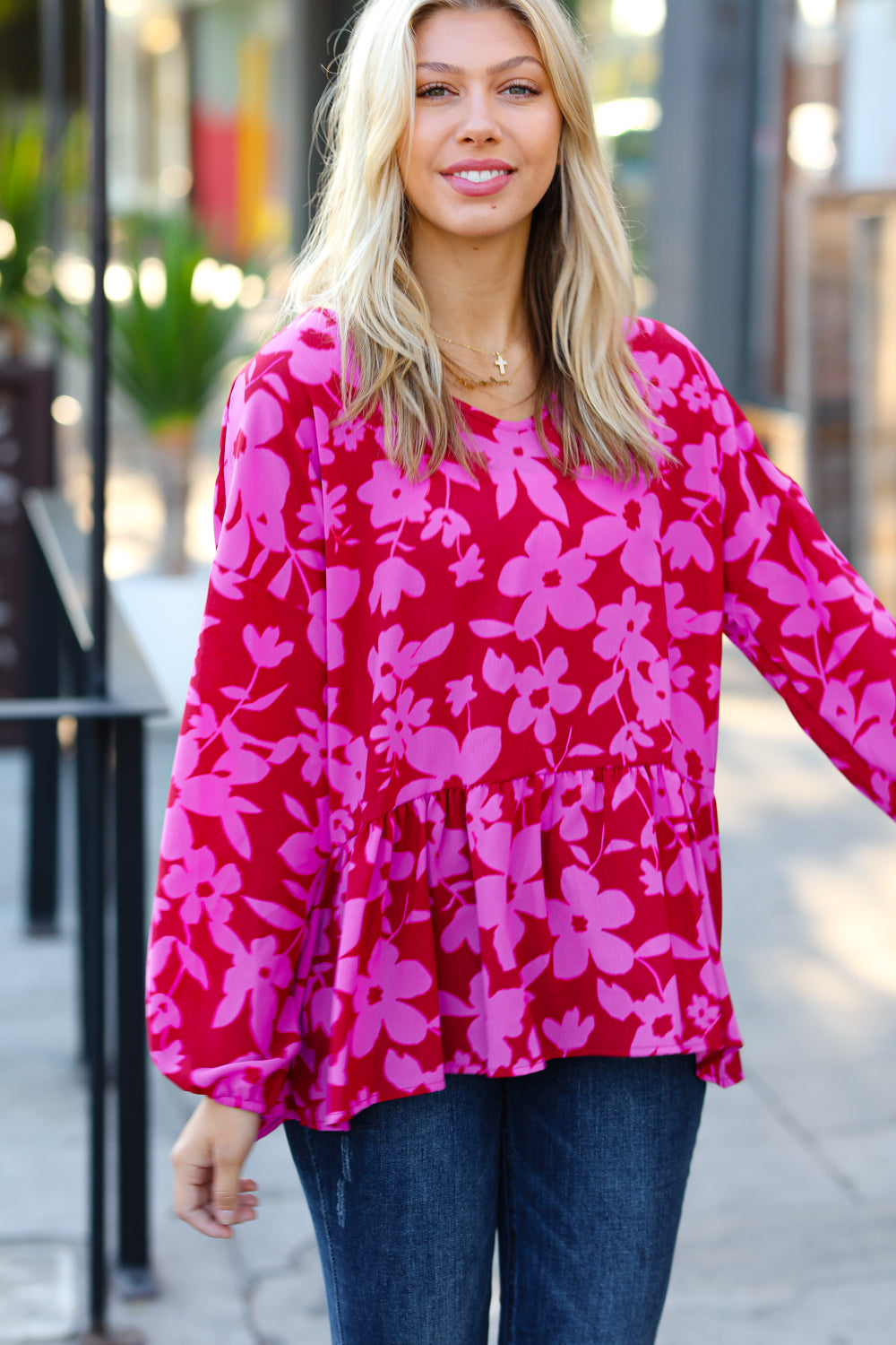 Red & Magenta Floral V Neck Woven Babydoll Top