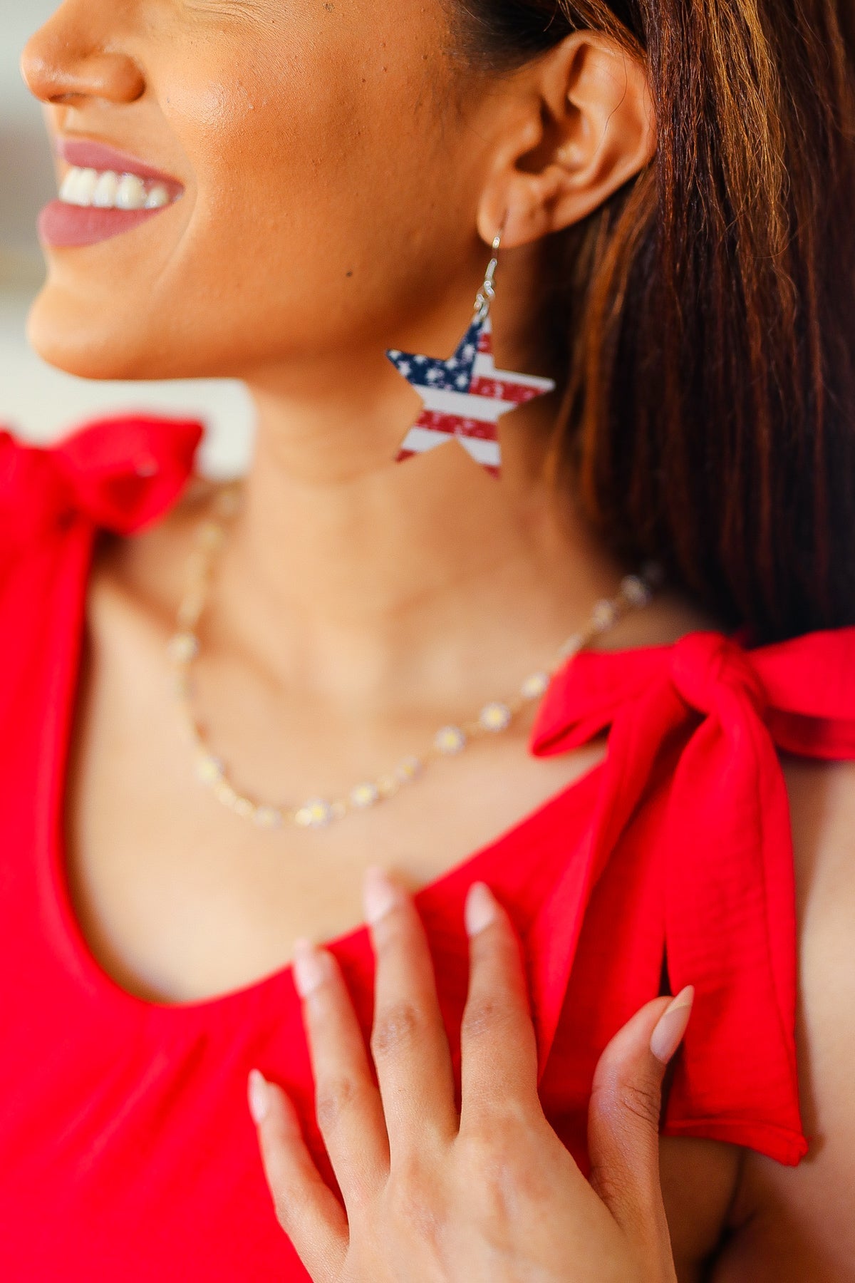 Patriotic Wooden Star Flag Dangle Earrings