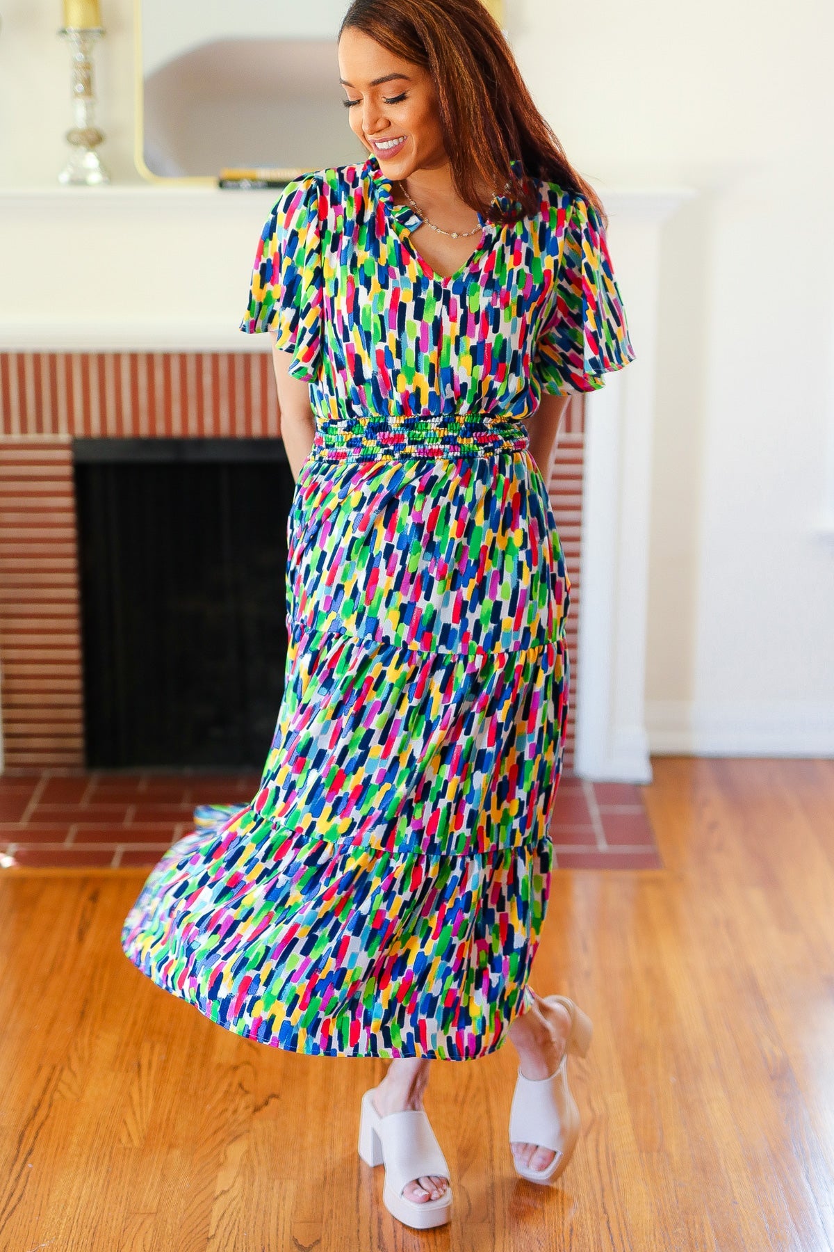 All For You Navy Multicolor Abstract Print Smocked Waist Maxi Dress