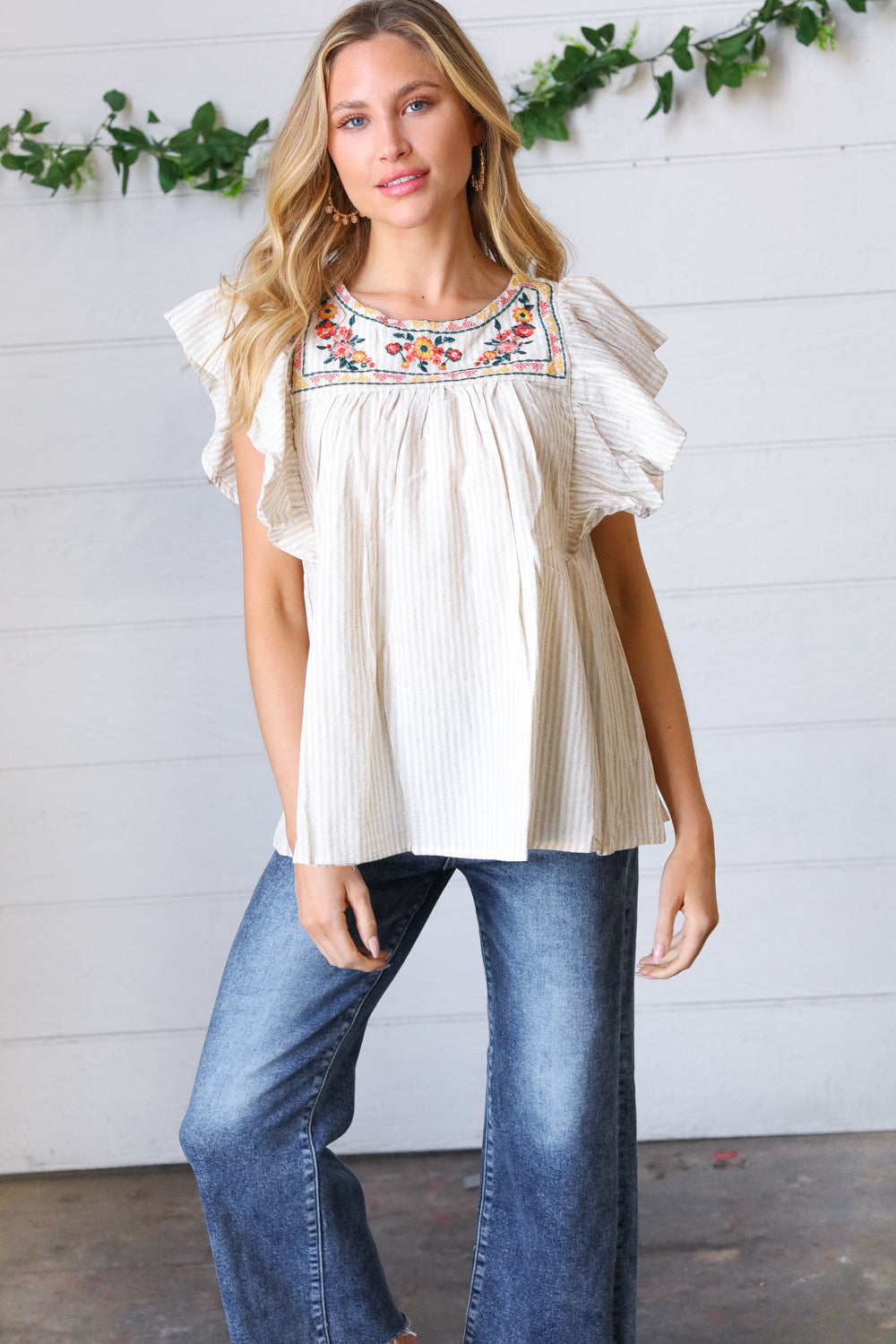 Cream Stripe Floral Embroidered Yoke Top