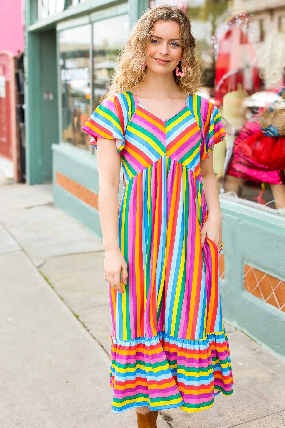 Bright Thoughts Rainbow Stripe Flutter Sleeve Fit & Flare Midi Dress