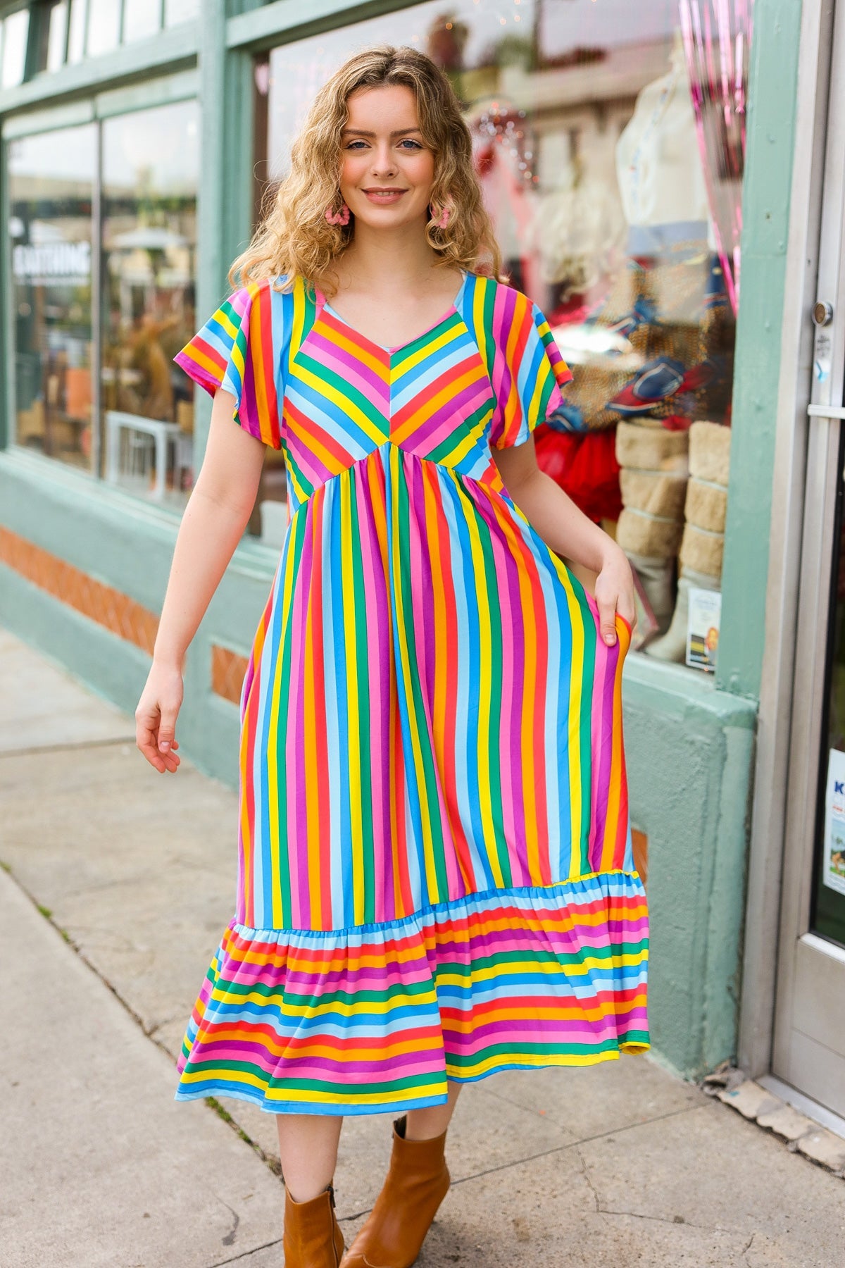 Bright Thoughts Rainbow Stripe Flutter Sleeve Fit & Flare Midi Dress