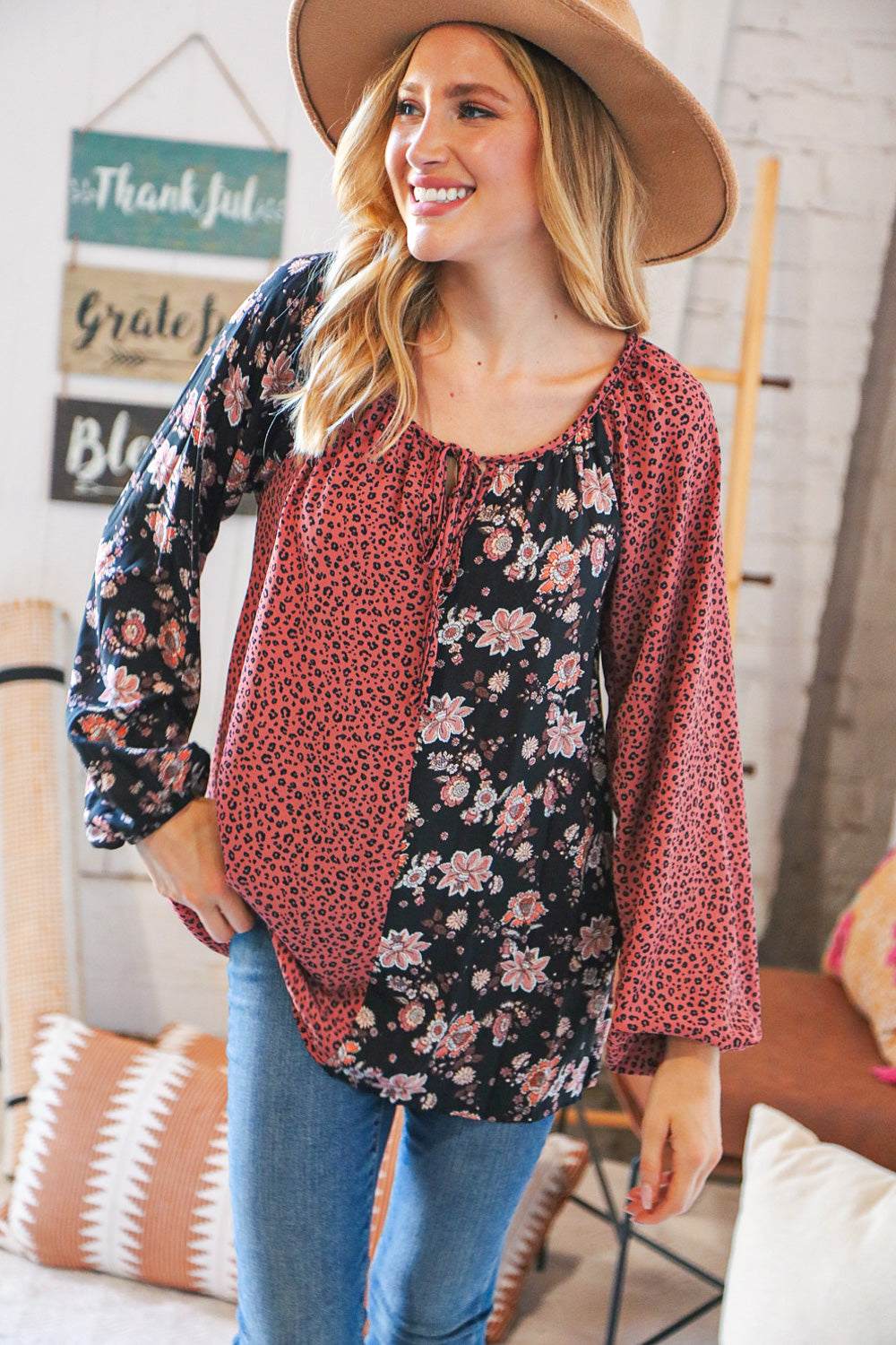 Burgundy Leopard and Floral Color Block Key Hole Top