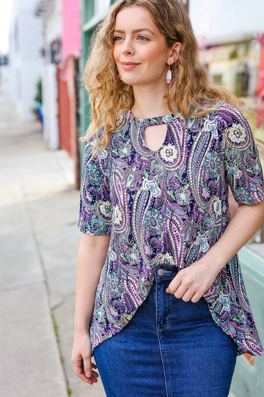 Navy Floral Paisley Front Keyhole Tunic Top