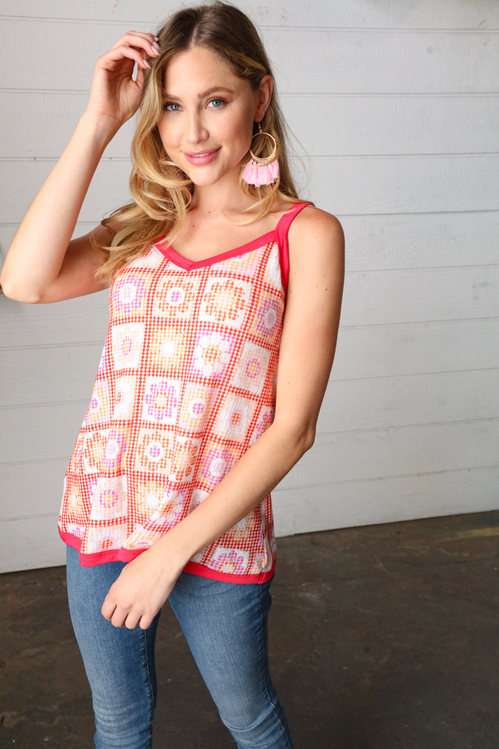 Coral Flower Power Waffle Knit Sleeveless Top