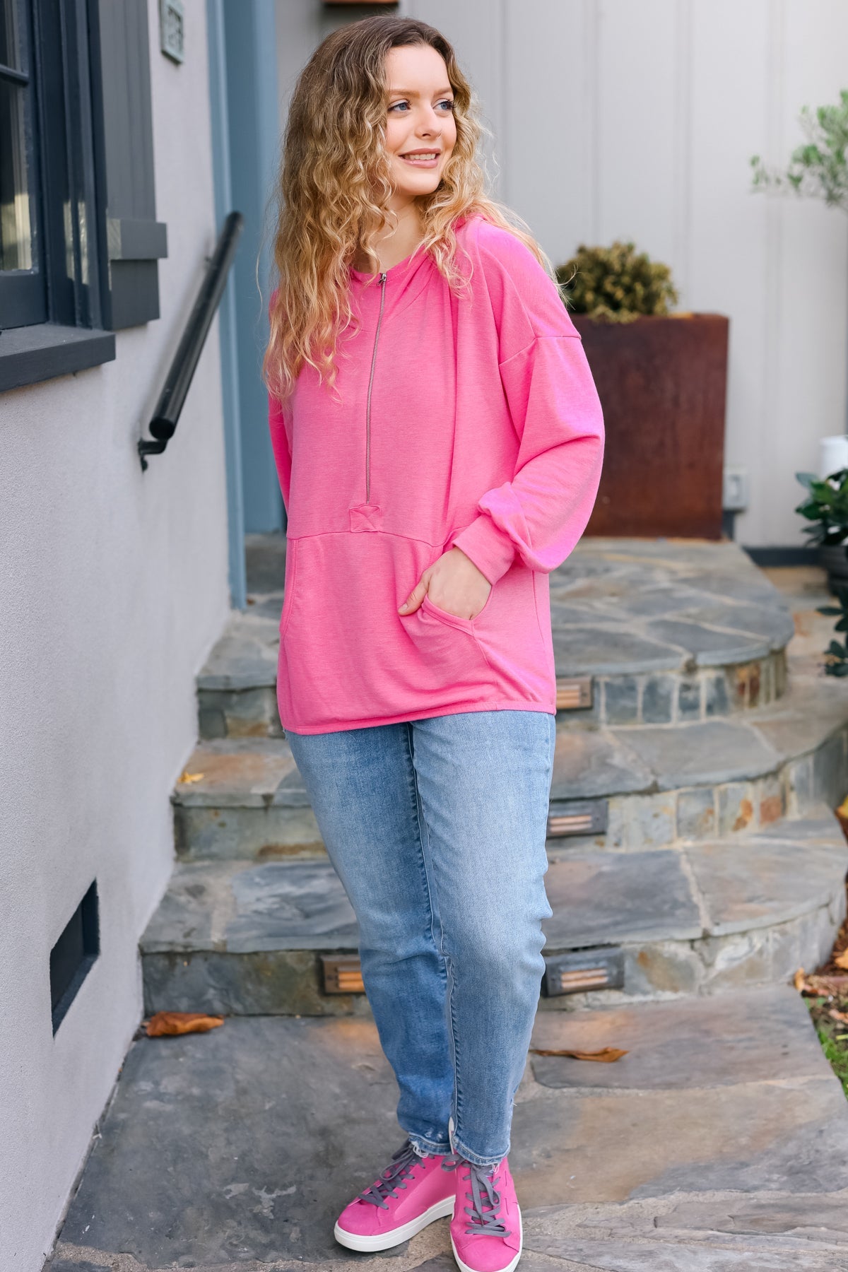 Ready to Relax Hot Pink Half Zip French Terry Hoodie