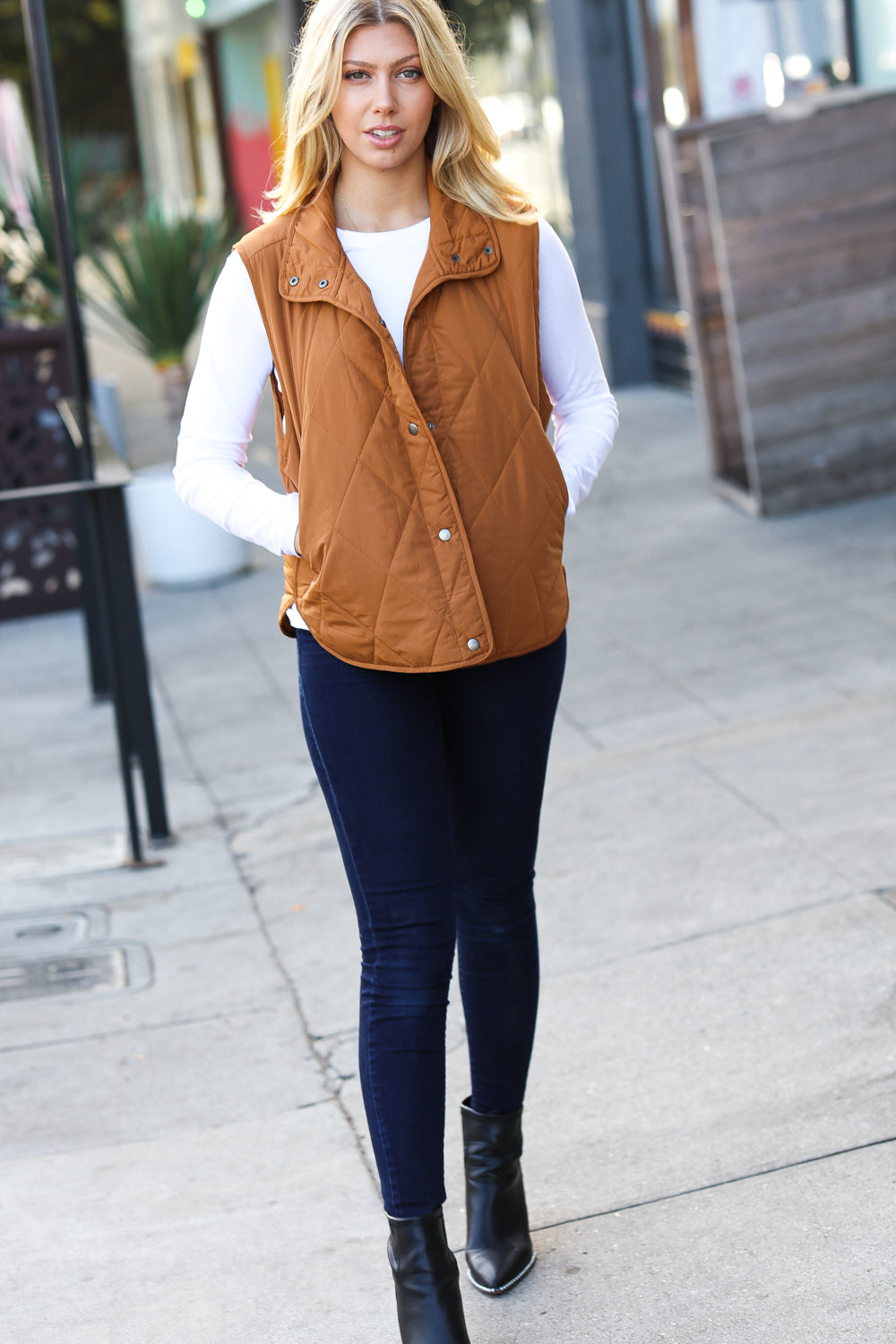 Camel High Neck Quilted Puffer Vest