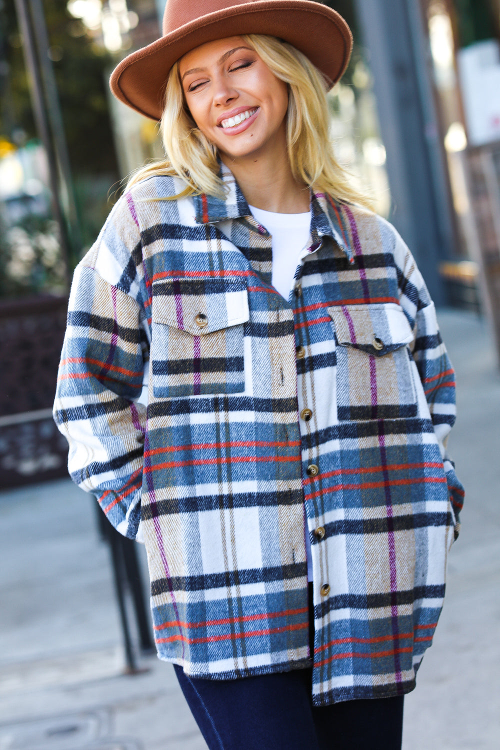 Taupe & Blue Plaid Flannel Button Down Shacket