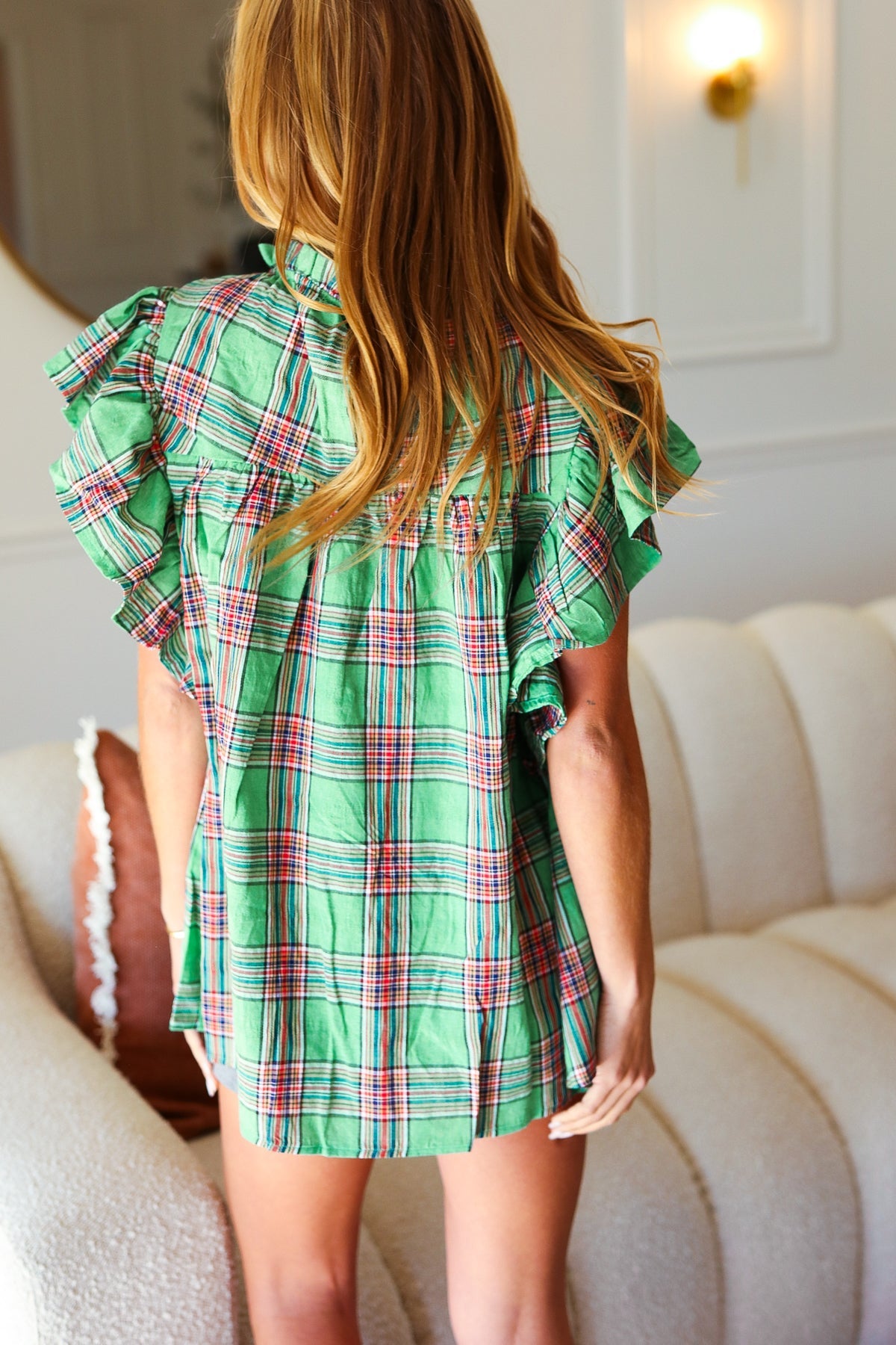 Green Plaid Shirred Yoke Flutter Sleeve Top