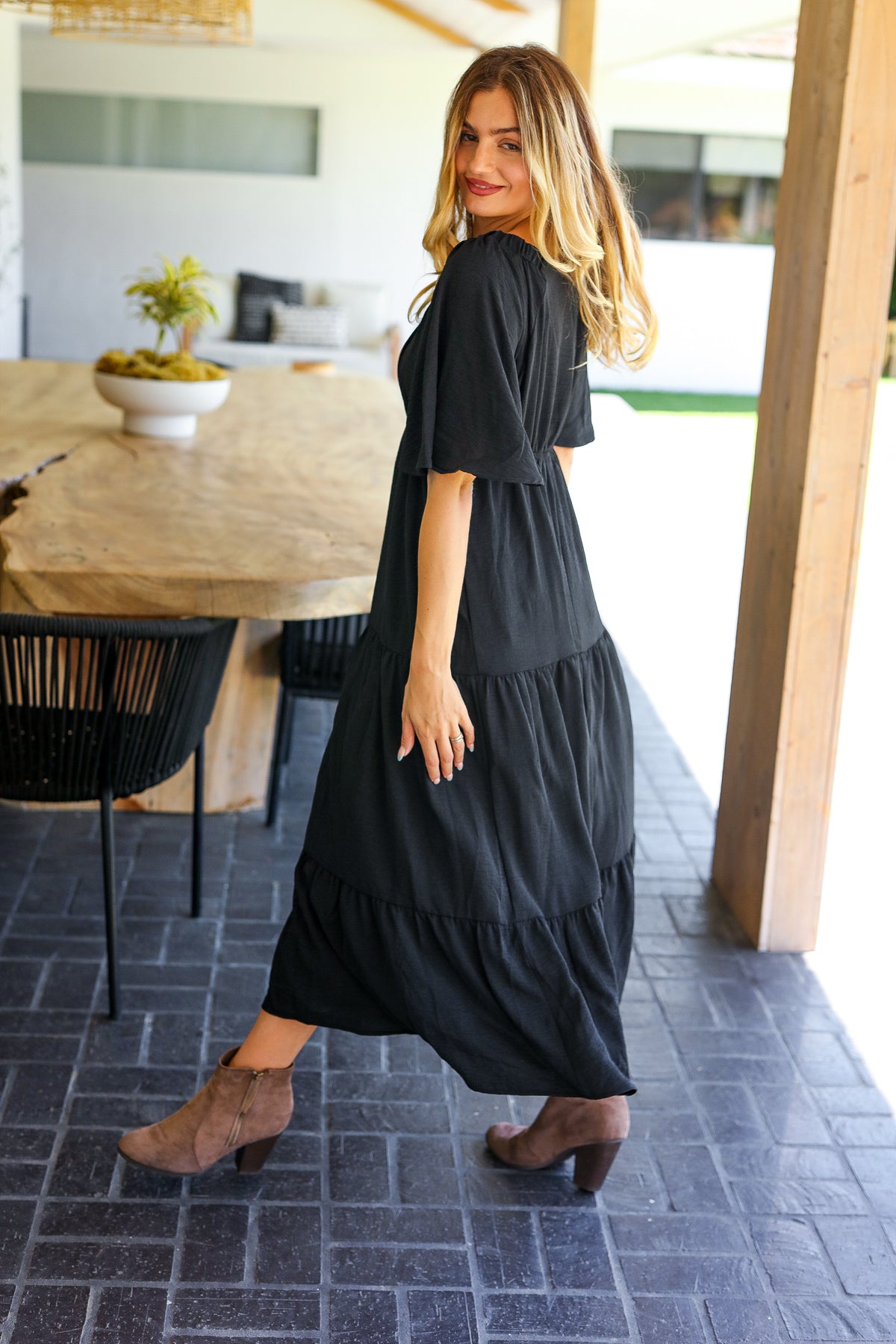 Talk Of The Town Black Elastic V Neck Tiered Maxi Dress