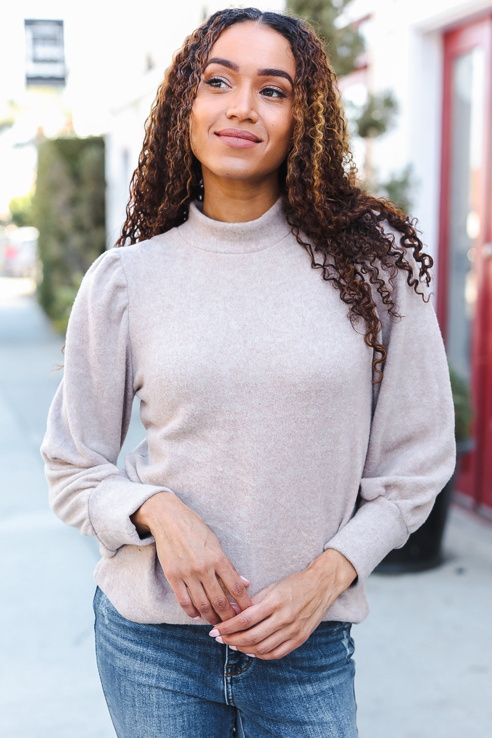 Stay Awhile Taupe Brushed Melange Puff Short Sleeve Sweater