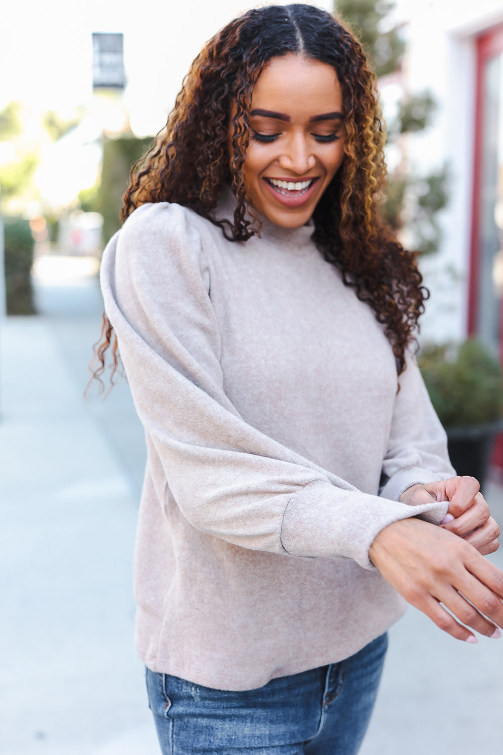 Stay Awhile Taupe Brushed Melange Puff Short Sleeve Sweater