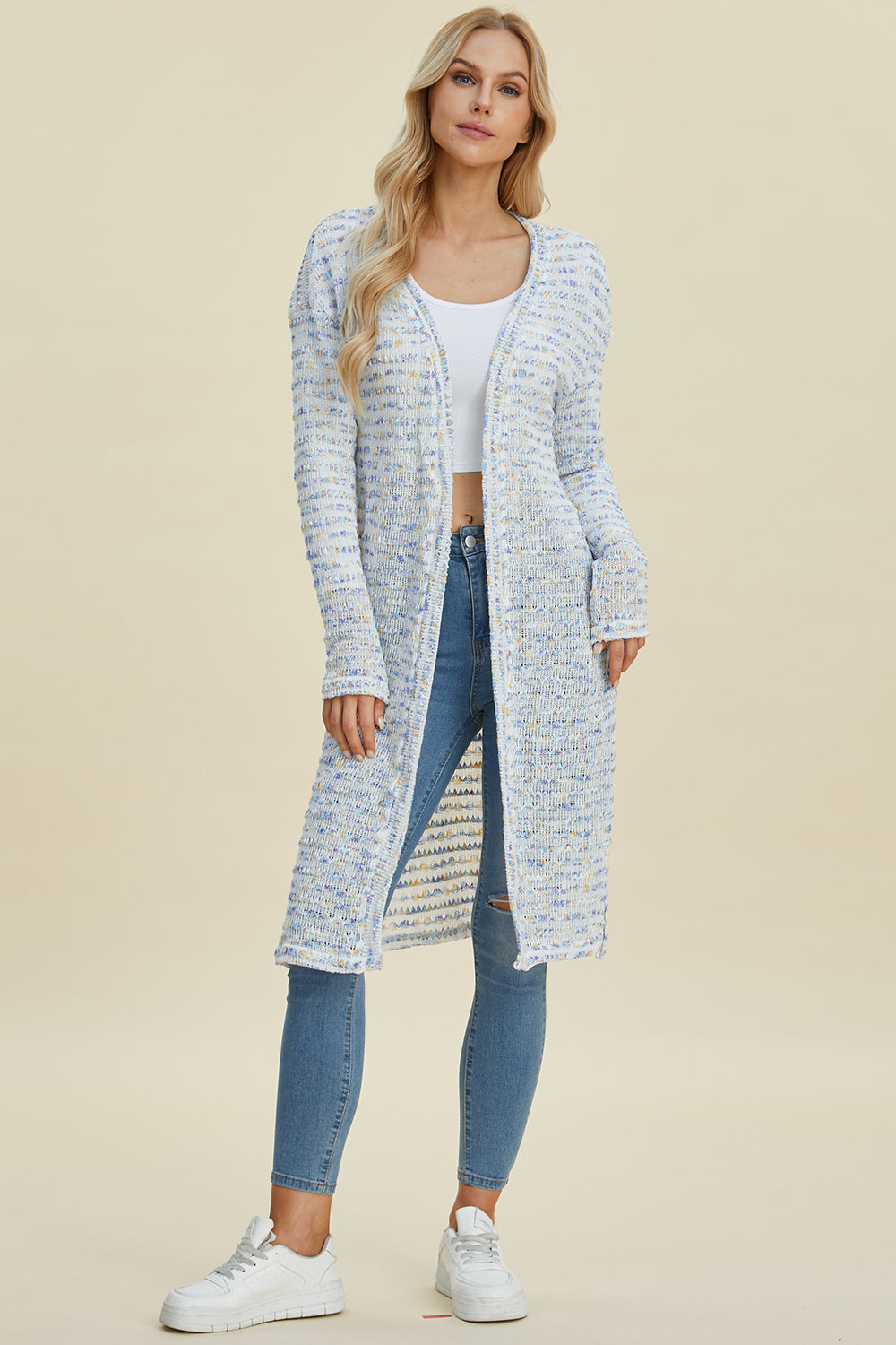 Double Take Full Size Open Front Longline Cardigan