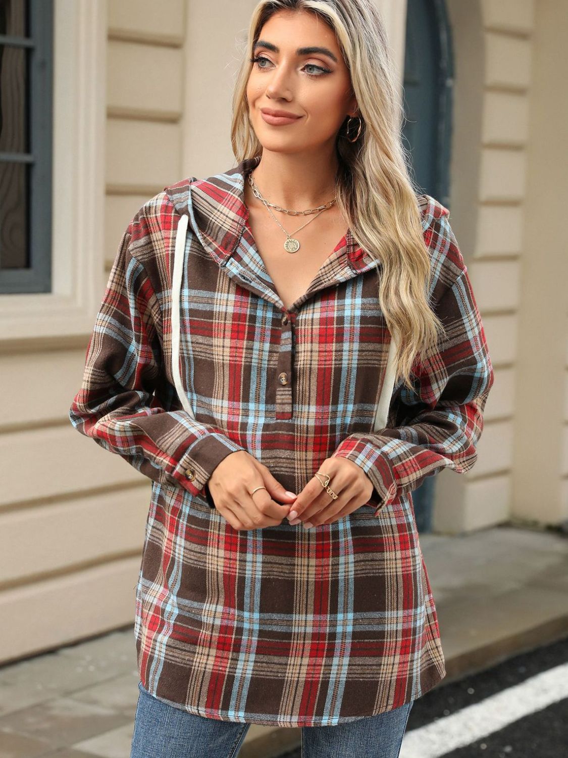 Drawstring Plaid Hooded Long Sleeve Top