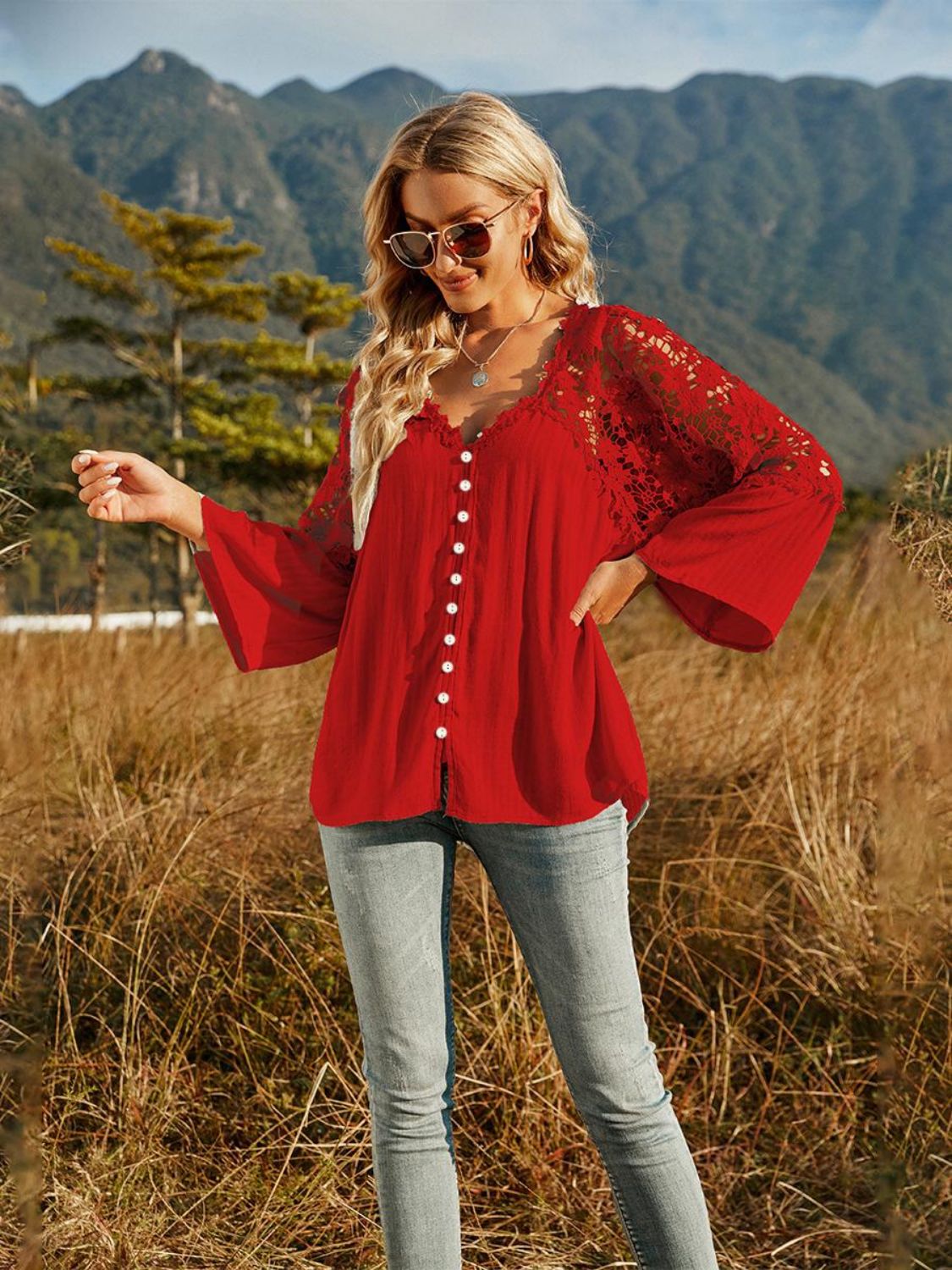 Spliced Lace Buttoned Blouse